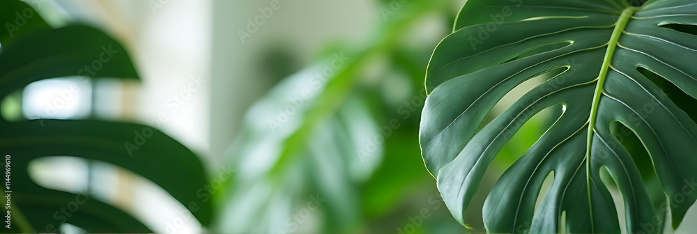 Poster onstera leaves in selective focus create a tropical and botanical decoration design background with 