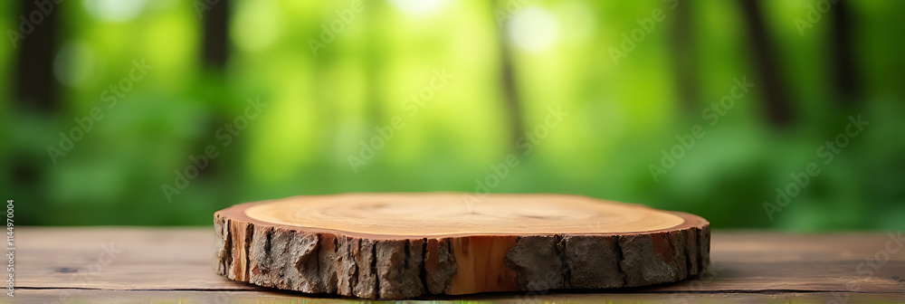 Aufkleber Old tree stump table top selectively focuses on a blurred green tree background for product display and design._00003_