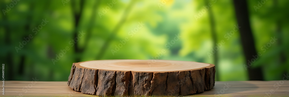 Aufkleber Old tree stump table top selectively focuses on a blurred green tree background for product display and design._00001_