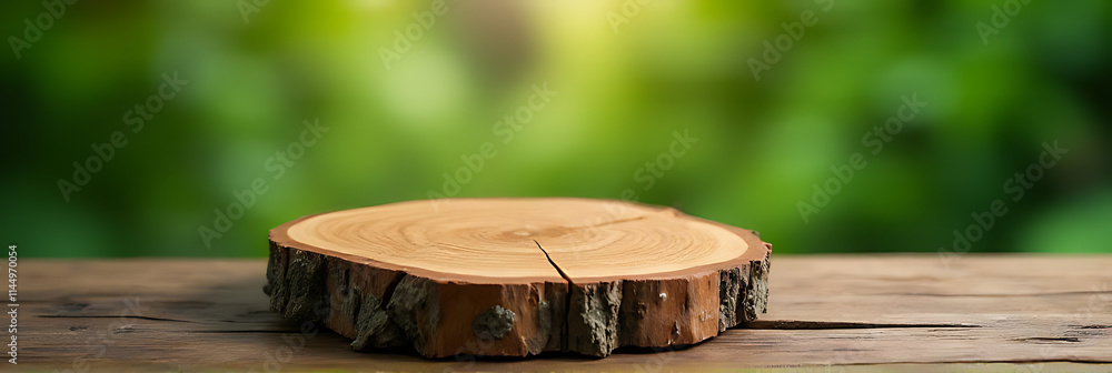 Aufkleber Old tree stump table top selectively focuses on a blurred green tree background for product display and design._00002_