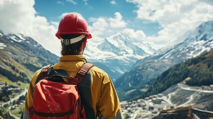 Worker gazing at mountain landscape.