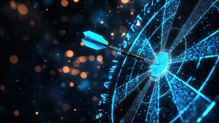 Arrow hitting bullseye on digital dartboard.