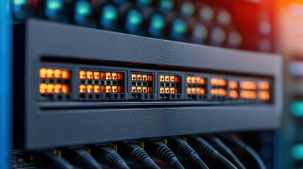Ethernet network and efficiency concept, A close-up view of a network switch with illuminated ports, showcasing active connections in a server room environment.