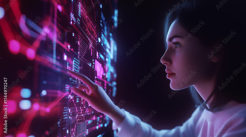 Poster young woman interacting with a vibrant digital interface displaying colorful data patterns and infor