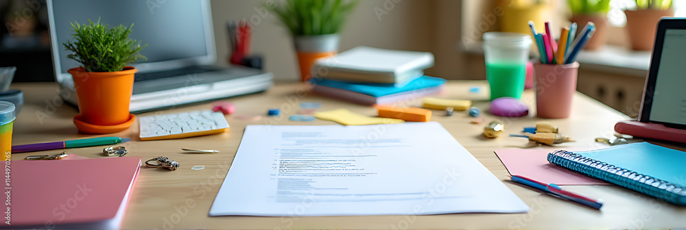 Aufkleber office desk background features colorful business working table with plenty of supplies and ample co
