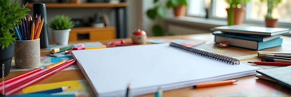 Poster office desk background features colorful business working table with plenty of supplies and ample co