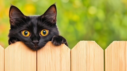A curious black cat peeks over a wooden fence with bright eyes.