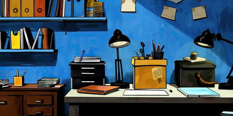 Stylized Illustration of a Desk and Shelves with Office Supplies