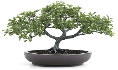 Bonsai tree in pot, trimmed foliage, exposed roots.