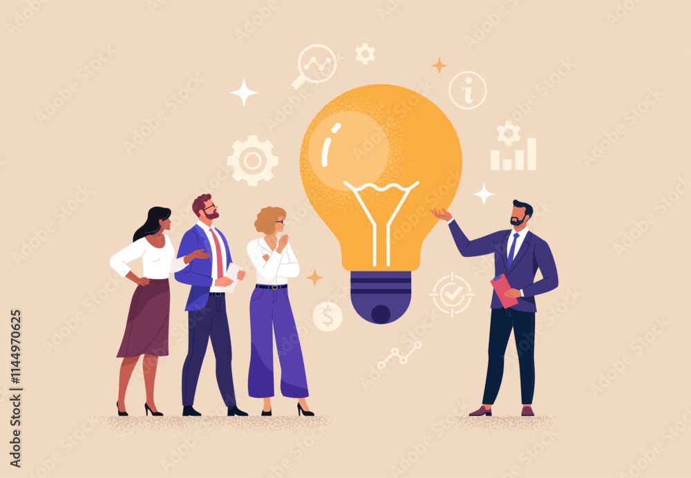 Aufkleber business idea presentation concept. vector cartoon illustration of an office worker presenting his i