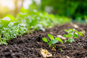 Macro view of organic compost in a garden, visible plant scraps and natural decomposition