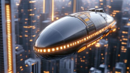 Steampunk-inspired airship gliding over a futuristic city with glowing skyscrapers and vintage rooftops at dusk