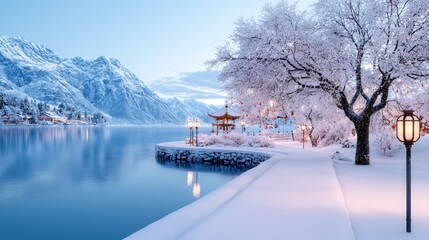 Snowy Lakeside Pavilion Winter Scene.