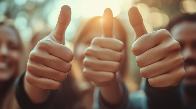 Business professionals celebrate success with thumbs-up gesture in a vibrant outdoor setting during a partnership meeting