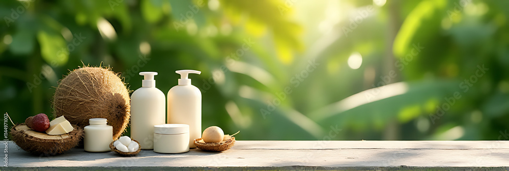 Aufkleber Nature products displayed on a concrete table amidst a blurred coconut leaf background in a summer setting._00003_