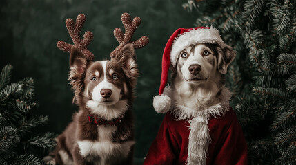 An energetic Border Collie dressed as Santa Claus, with a flowing red cape, sitting beside a Husky puppy in a reindeer outfit with fluffy antlers, on a dark green backdrop."