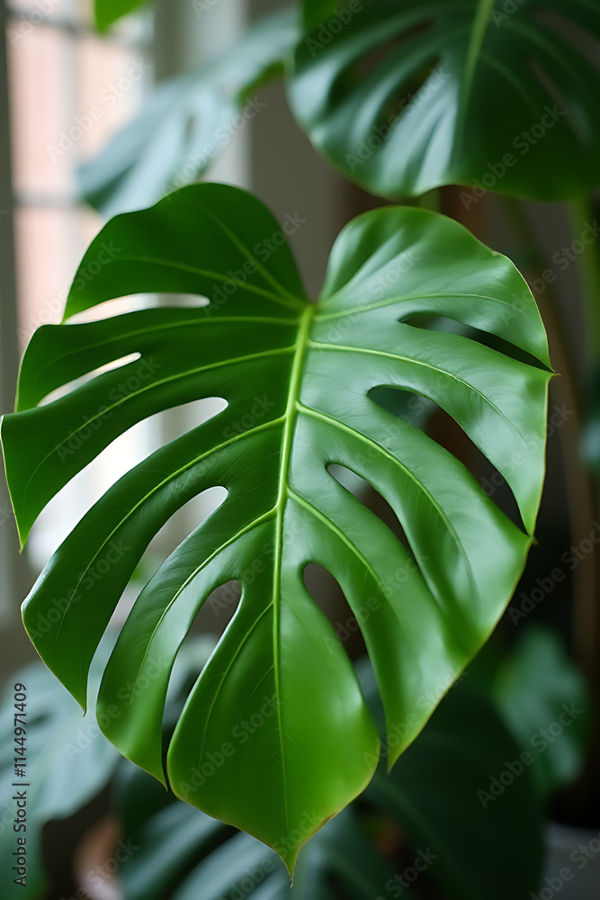 Poster monstera leaves with selective focus add a colorful touch to indoor decorating compositions and enha
