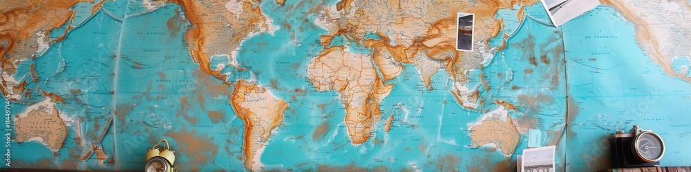 Fototapete travel memories displayed on a world map backdrop with space for creative mock up designs. generativ