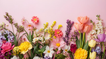Obraz premium Spring floral composition featuring fresh, colorful flowers on a pastel background