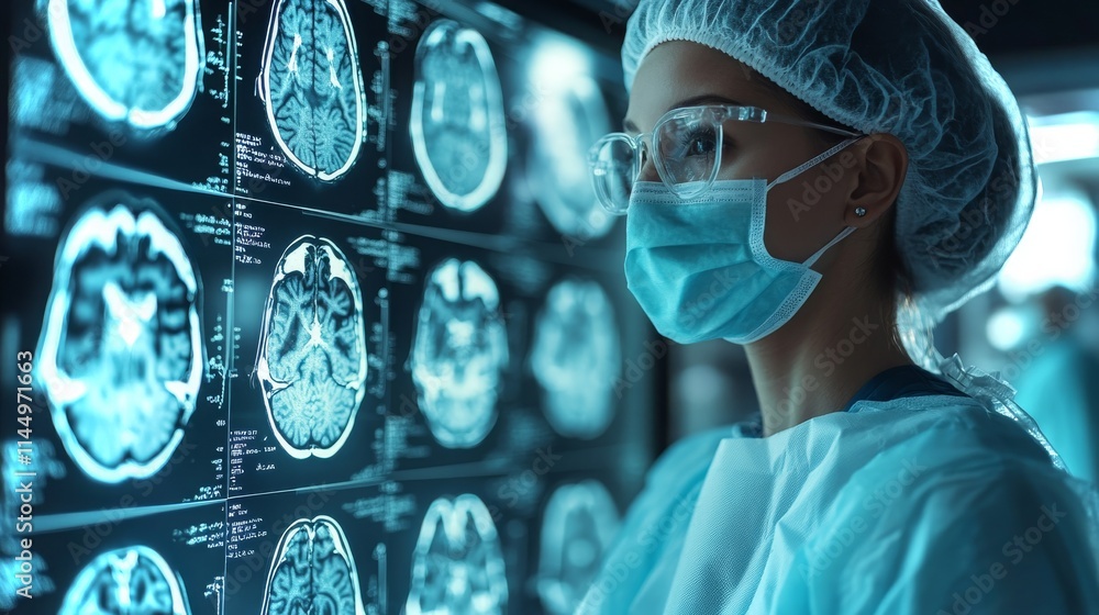 Poster healthcare professional analyzing advanced brain imaging technology in high-resolution display