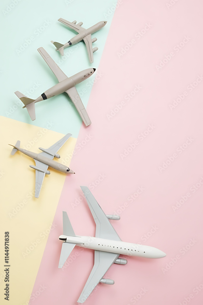 Poster model planes and airplanes are arranged against soft pastel colored backgrounds in a flat lay design