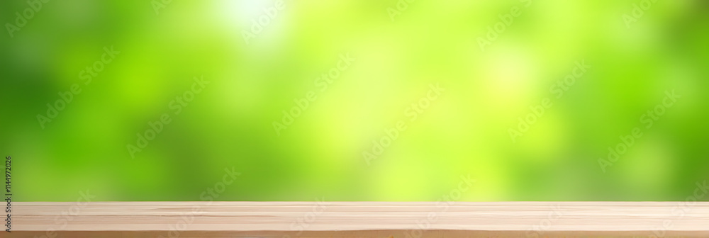 Aufkleber minimalist wooden table top sits empty against a blurred fresh green abstract background designed for product display and visual layout purposes._00002_