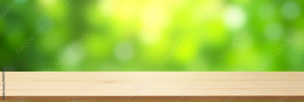 Poster minimalist wooden table top sits empty against a blurred fresh green abstract background designed for product display and visual layout purposes._00001_
