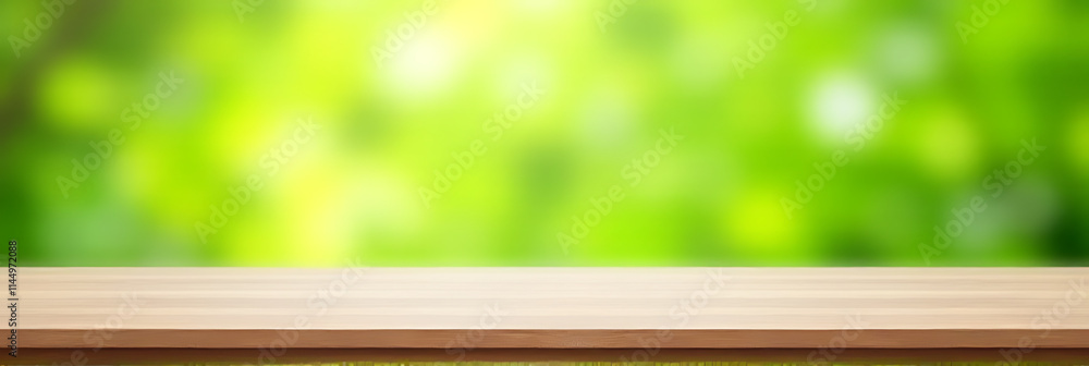 Poster minimalist wooden table top sits empty against a blurred fresh green abstract background designed for product display and visual layout purposes._00003_