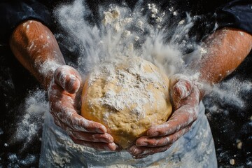 Fototapeta premium Crafting dough with passionate hands in a flurry of flour during a culinary adventure