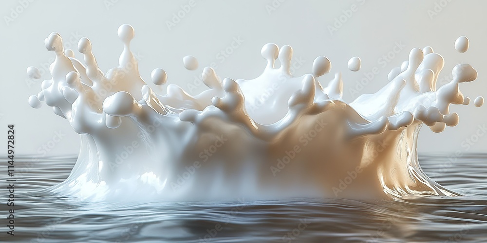 Poster milk splash creates dynamic visuals above water surface at tranquil setting