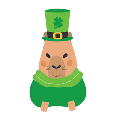 Saint Patrick's Day happy capybara. Fun patrick character in leprechaun hat. Saint Patrick's Day concept. Vector illustration.
