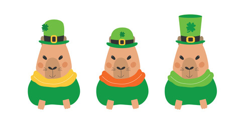 Saint Patrick's Day happy capybara set. Fun patrick character in leprechaun hat. Saint Patrick's Day concept. Vector illustration.