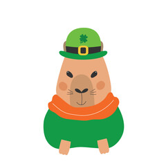 Saint Patrick's Day happy capybara. Fun patrick character in leprechaun hat. Saint Patrick's Day concept. Vector illustration.