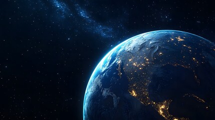 Fototapeta premium Close-Up 3D Illustration Of Earth Featuring Detailed Continents And Oceans With A Glowing Atmosphere. Set Against A Dark Starry Background, It Symbolizes Environmental Harmony, Space Exploration.