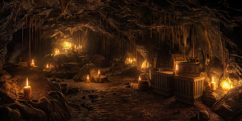 Obraz premium Cave Interior with Candles and Wooden Crates
