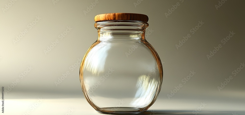 Poster glass jar with a wooden lid illuminated by soft light on a minimalistic background