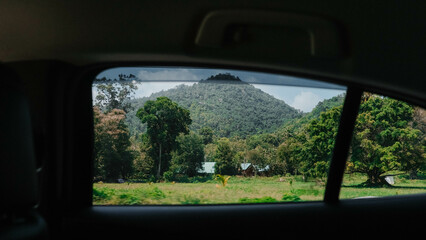 A mesmerizing view of lush green hills and towering trees captured from the car, showcasing natures beauty