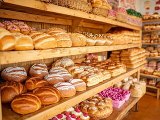 A display of various baked goods in a bakery shop.