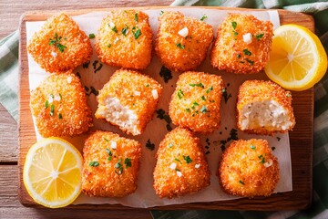 Crispy golden bites of deliciousness on a rustic wooden platter with fresh lemons