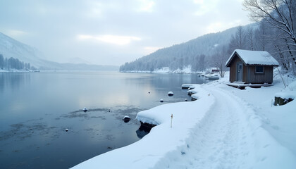 Ice fishing in Nordic landscape with a cozy cabin by the frozen lake and snow-covered path