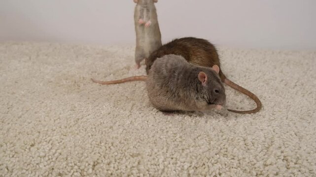 Brown and gray rats on a white carpet.