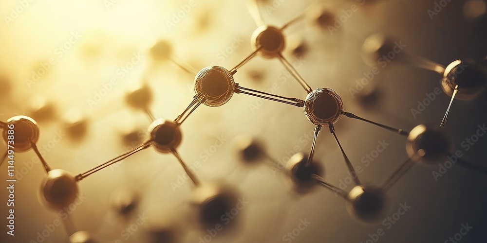 Poster molecular structure with interconnected particles illuminated by soft light at dawn
