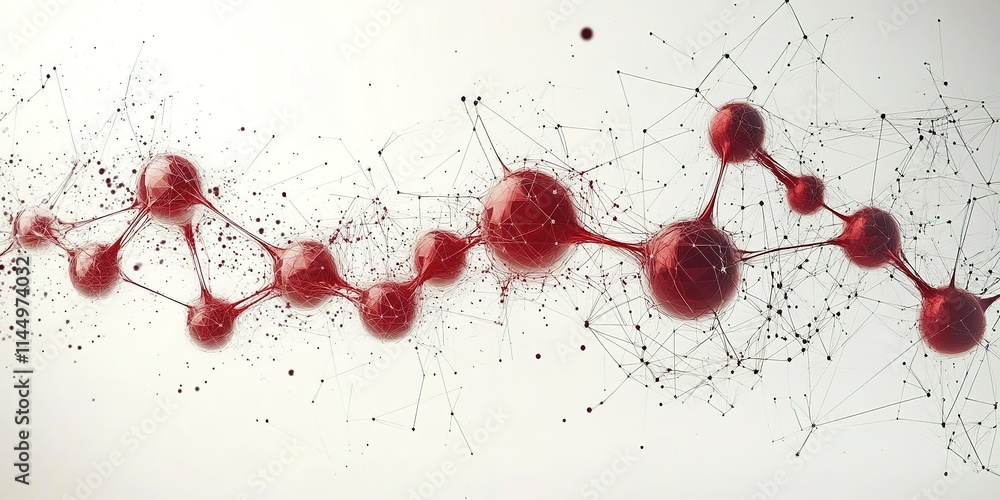 Poster abstract representation of molecular structures connected by lines in a striking red color