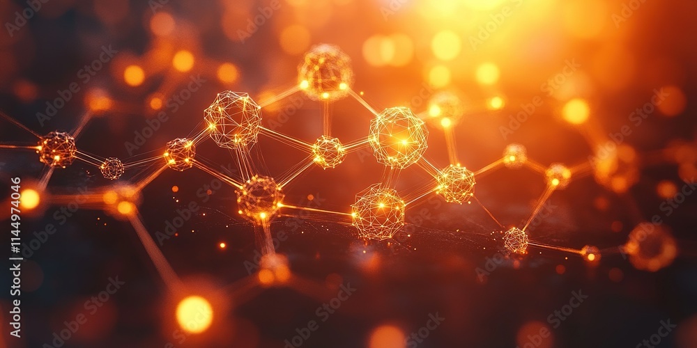 Poster exploring intricate molecular structures illuminated by warm light in a scientific representation