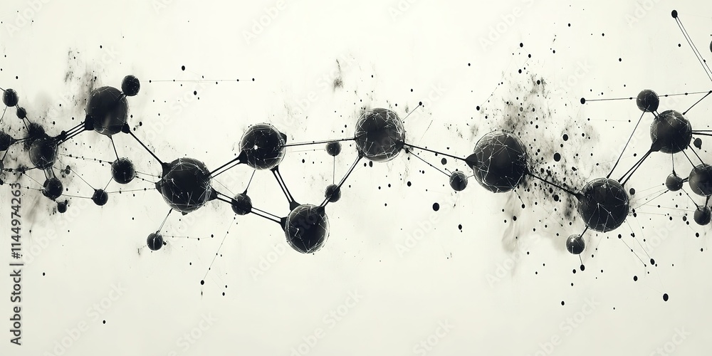 Poster abstract representation of molecular structure with dark spheres and connecting lines over a light b