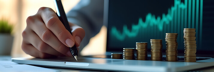 male hand holds a pen near coins stacked around a laptop screen displaying a financial graph to represent business growth and success in finance._00002_