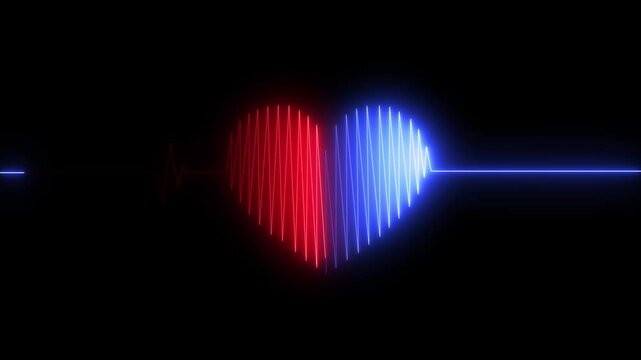 Neon glowing heartbeat and love animation icon on black background. Neon heartbeat and pulse animation background.