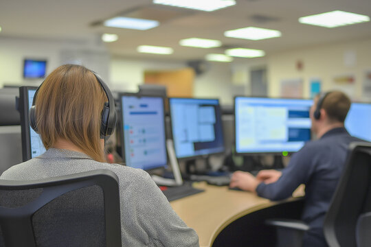 Analytischer Mitarbeiter am Computer mit Headset in einem modernen B&uuml;ro

