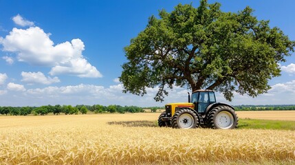 Fototapeta premium Summer rural landscape farmland warmth concept. Tractor under a tree in a golden wheat field with blue sky.