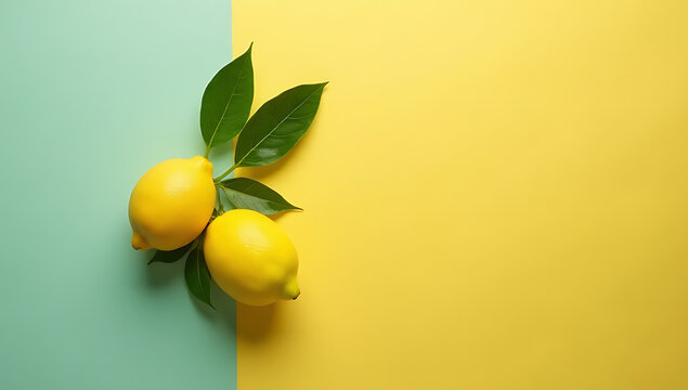 Lemon and leaves placed on a colorful background to represent healthy eating concepts and fresh fruit vegetable ideas._00001_
